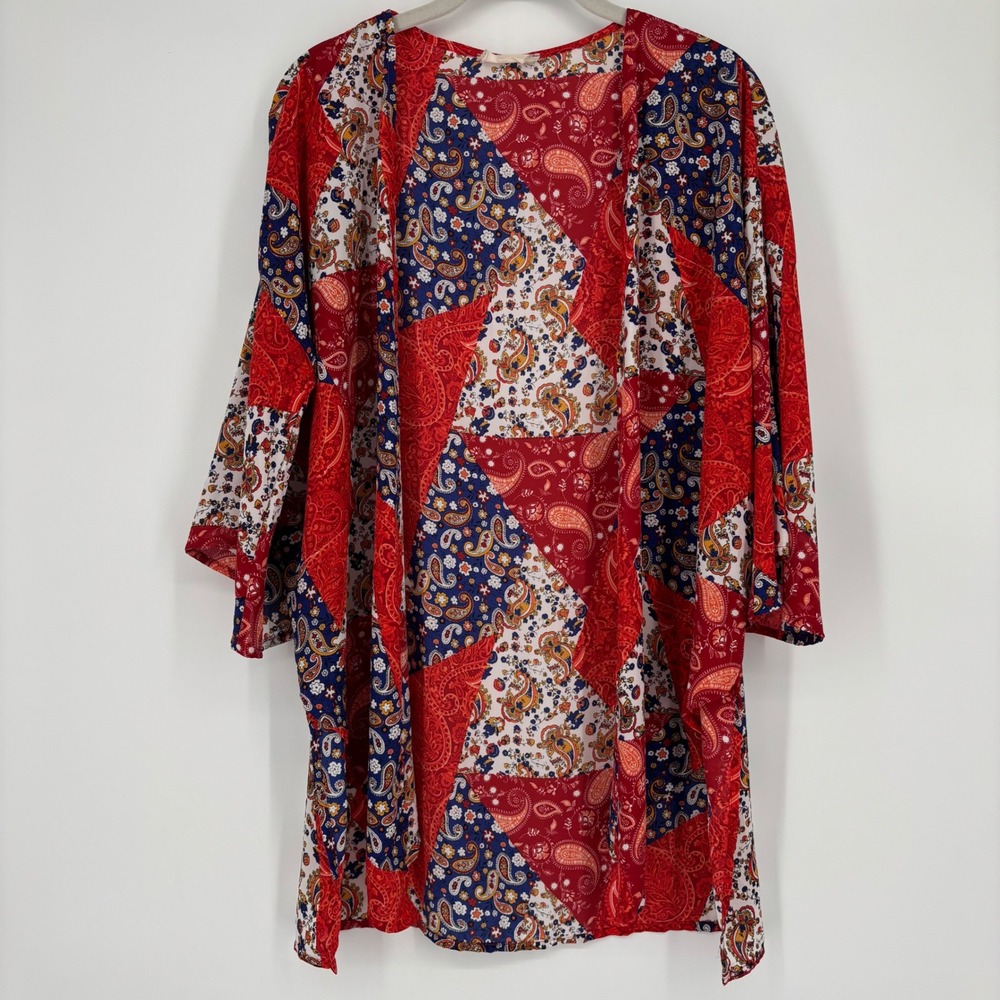 Altar's State Kimono Sz Small Red White Blue Paisley Bell Sleeve Boho Festival